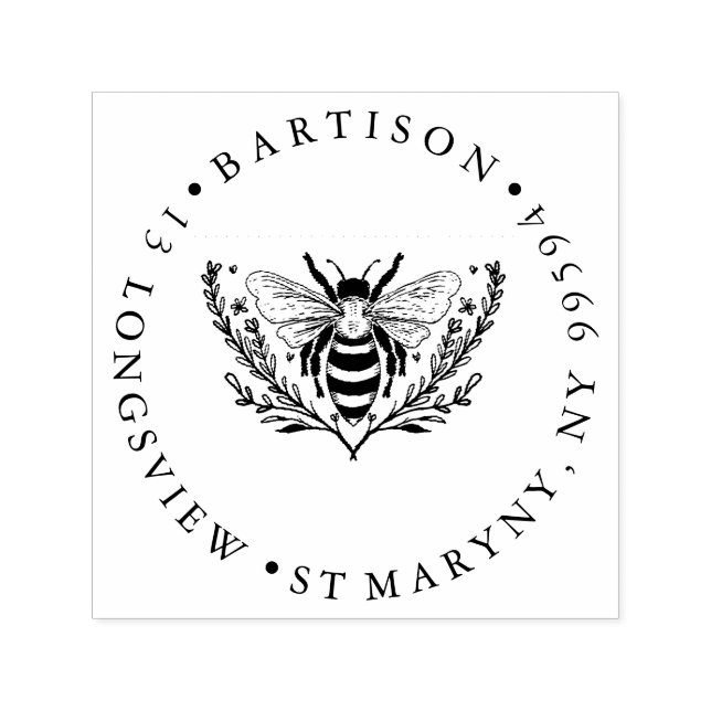 Tampon Auto-encreur Fleur abeille RONDE RENVOI ADRESSE CAOUTCHOUC (Design)