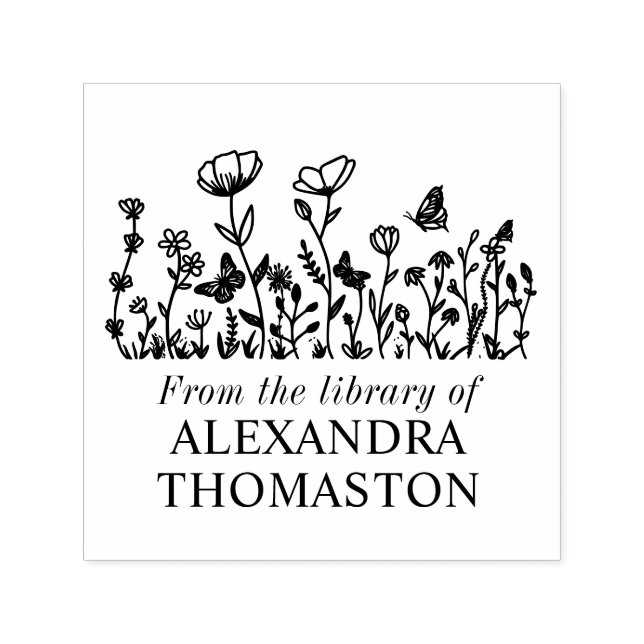 Tampon Auto-encreur Fleurs Élégantes, Papillons Nom du livre de biblio (Design)