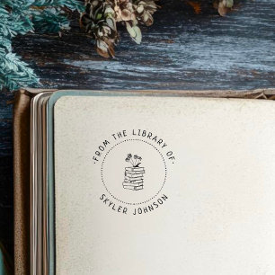 Tampon Auto-encreur Fleurs mignonnes sur le papier de livres Bibliothè