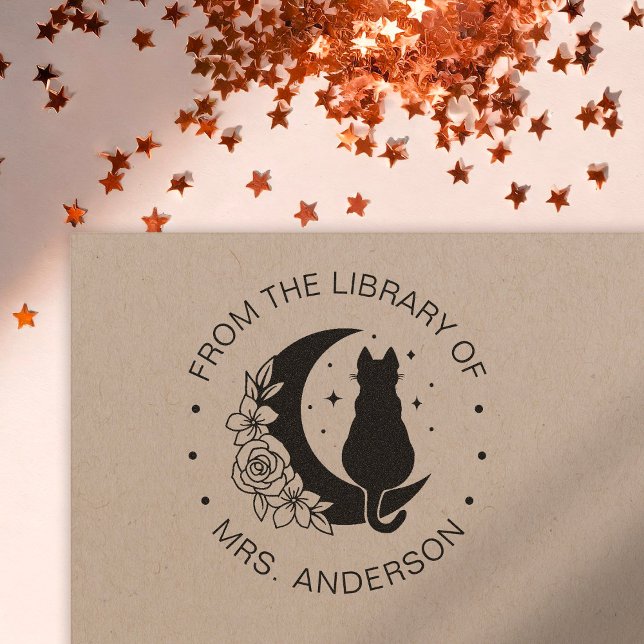 Tampon Auto-encreur Floral Moon Chat Bibliothèque de livre enseignant (Créateur téléchargé)