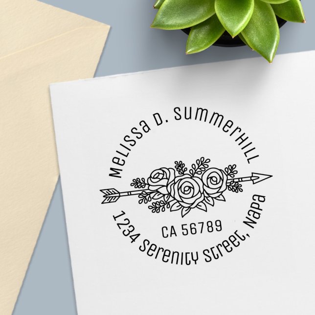 Tampon Auto-encreur Flore Tribal Arrow, Rose Fleurs Adresse ronde V2 (Créateur téléchargé)