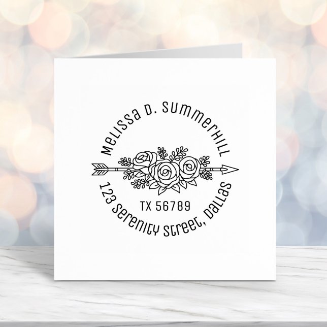 Tampon Auto-encreur Flore Tribal Arrow, Rose Fleurs Adresse ronde V2 (Créateur téléchargé)