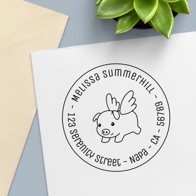 Tampon Auto-encreur Flying Pig - Piglet with Wings Round Address 1 (Créateur téléchargé)