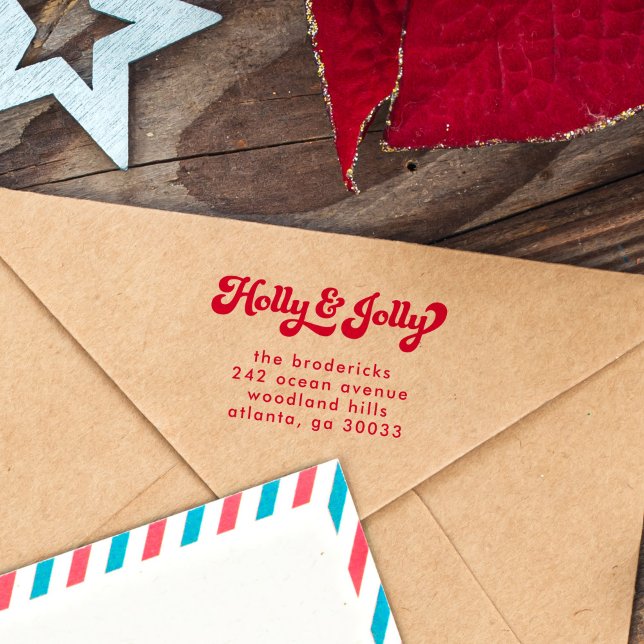 Tampon Auto-encreur Funky Retro Holly Jolly Christmas Adresse de retou (holly jolly retro Christmas return address stamp)