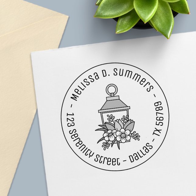 Tampon Auto-encreur Garden Lantern Flowers Adresse ronde 1 (Créateur téléchargé)