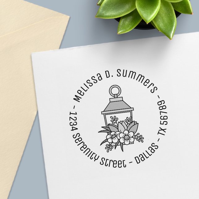 Tampon Auto-encreur Garden Lantern Flowers Adresse ronde 4 (Créateur téléchargé)
