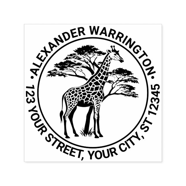 Tampon Auto-encreur Girafe tachetée près de l'arbre #2 Nom Adresse (Design)