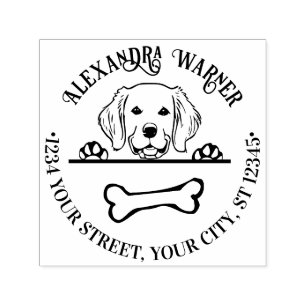 Tampon Auto-encreur Golden Retriever Lorgnant un Os Nom Adresse de Ret