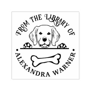 Tampon Auto-encreur Golden Retriever Lorgnant un Os Nom du livre de la