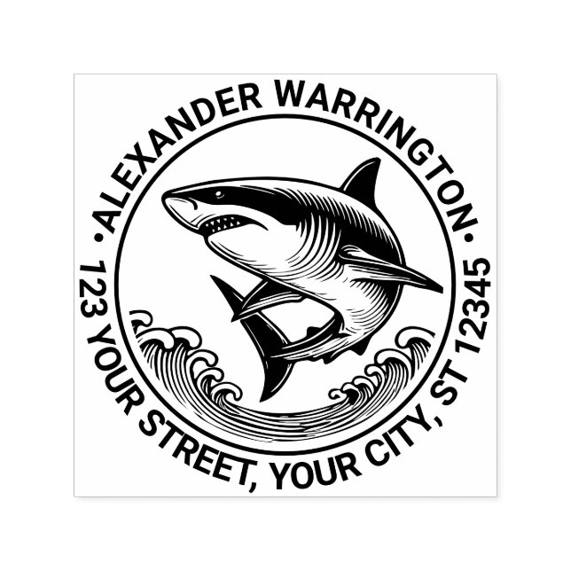 Tampon Auto-encreur Grand requin blanc au-dessus des vagues #2 Nom Adr (Design)