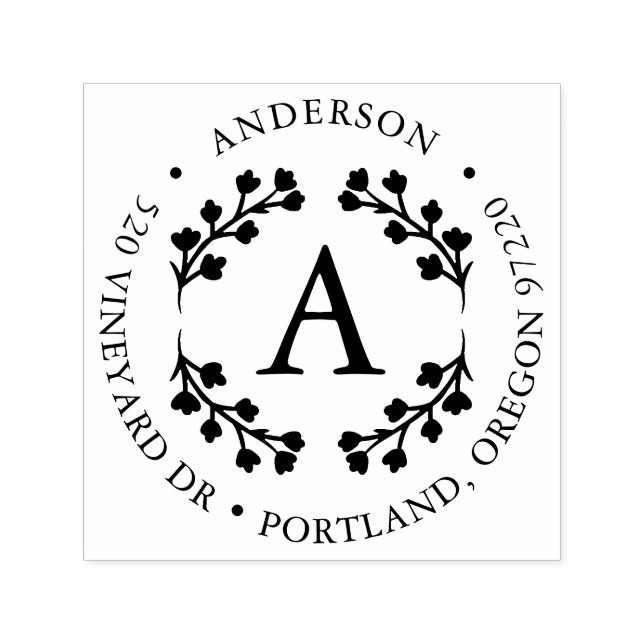 Tampon Auto-encreur Gras Floral Folial Wreath Monogramme Adresse de re (Design)