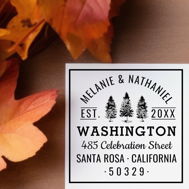 Tampon Auto-encreur Green Pine Trees Rustic Mariage Adresse de retour (Créateur téléchargé)