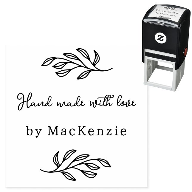 Tampon Auto-encreur Hand Made With Love Personalized Botanical Leaf (Hand Made with Love custom name botanical leaf line art small business maker self inking stamp)