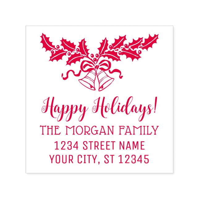 Tampon Auto-encreur Happy Holidays Holly and Bells Nom Adresse de reto (Design)