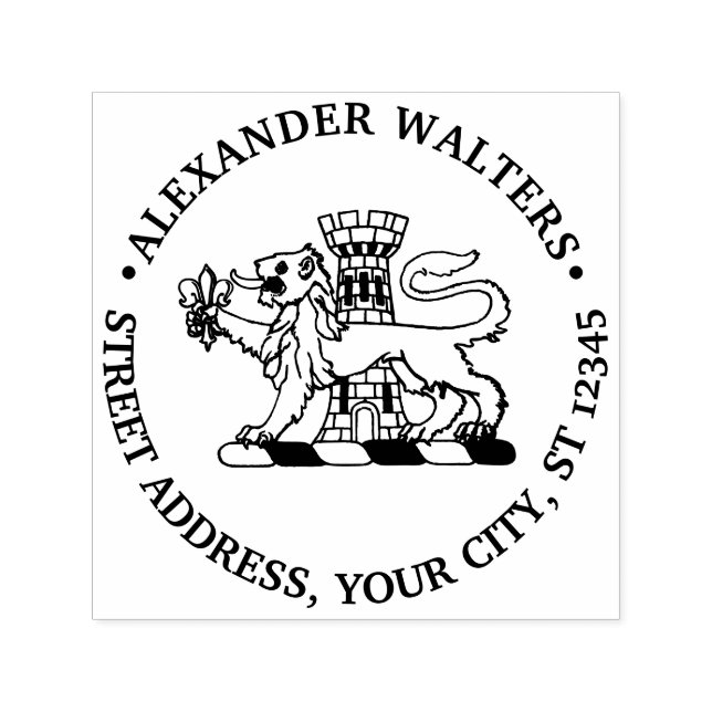 Tampon Auto-encreur Heraldic Lion Fleur de Lis Castle Adresse Ronde (Design)