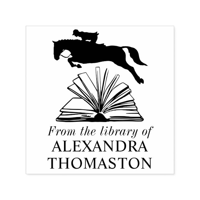 Tampon Auto-encreur Horse Rider Jumping Sur Open Book SQ Library Nom (Design)