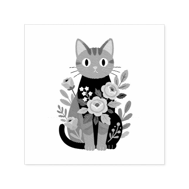 Tampon Auto-encreur Illustration de chat floral violet  (Design)