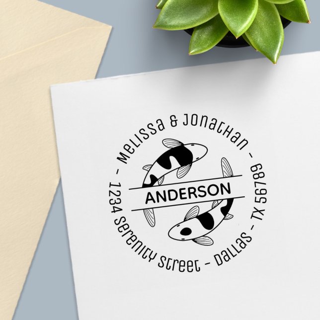 Tampon Auto-encreur Japonais Koi Fish Couple Family Adresse Ronde (Créateur téléchargé)