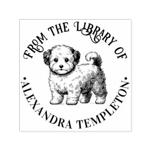 Tampon Auto-encreur Joli chien Maltipoo debout Nom de livre de bibliot