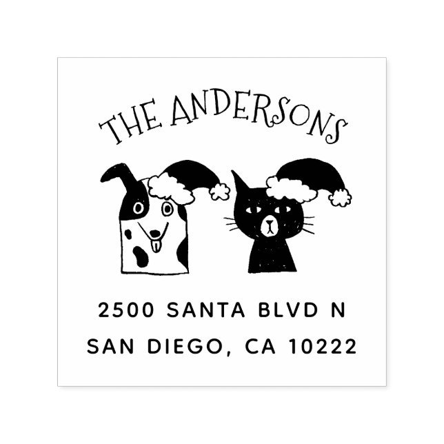 Tampon Auto-encreur Joli Père Noël Chien et Chat Noël Adresse de retou (Design)