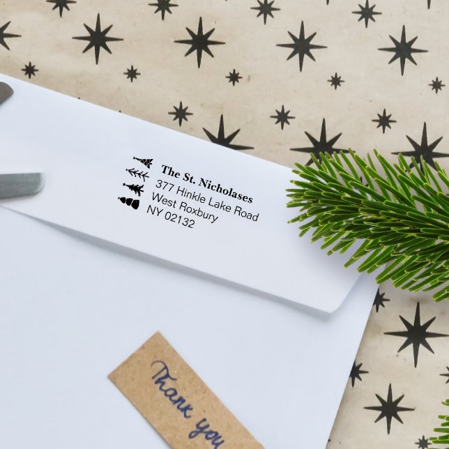 Tampon Auto-encreur Jolie adresse de retour de Noël scandinave (Custom Scandinavian Christmas trees self inking stamp personalized with your address)