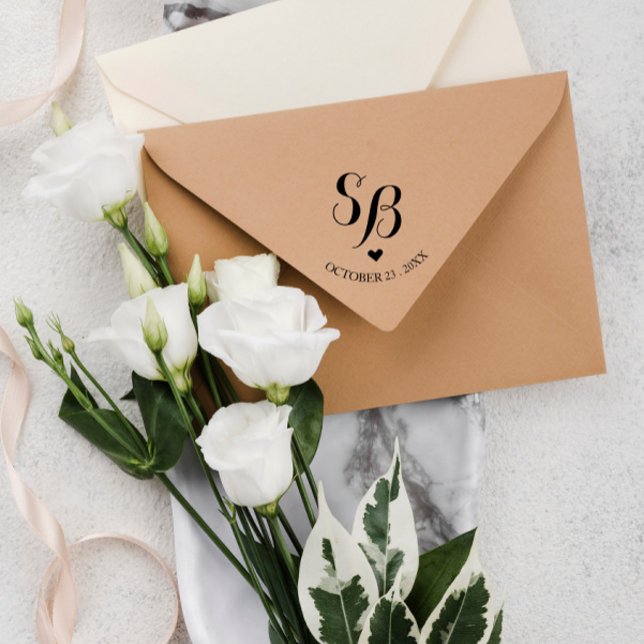 Tampon Auto-encreur Jolie Monogramme Coeur et Mariage Date (Créateur téléchargé)