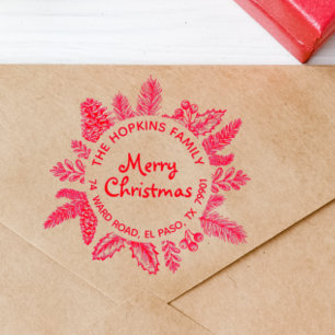 Tampon Auto-encreur Joyeuse couronne de Noël Nom de famille Adresse de