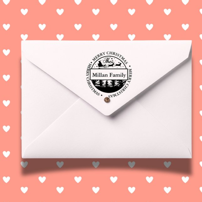 Tampon Auto-encreur Joyeux Noël familial thème Père Noël (Celebrate the holidays with a Family Merry Christmas Santa theme self-inking stamp  )