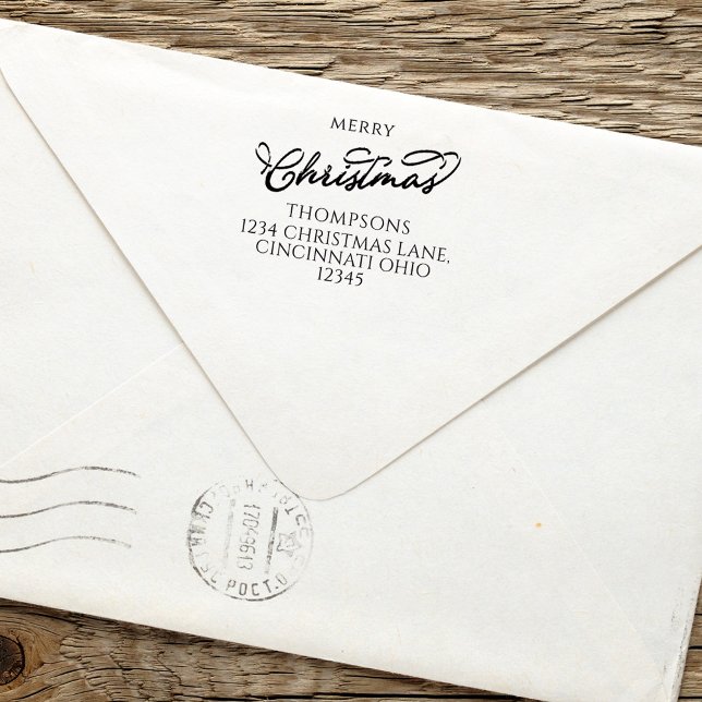 Tampon Auto-encreur Joyeux Noël Simple Calligraphie Adresse de retour (Merry Christmas holiday self-inking stamp with stylish calligraphy script.)
