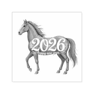 Tampon Auto-encreur Joyeux Nouvel An 2026 Illustration du Cheval Rouge