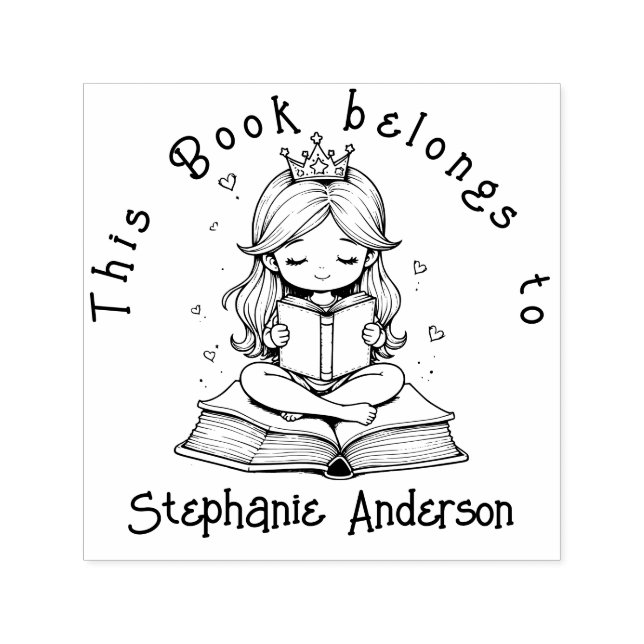 Tampon Auto-encreur Kawaii Princess Livre Lecture Crown Hearts Library (Design)