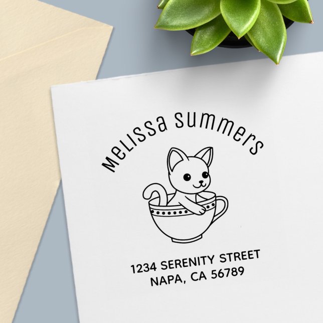 Tampon Auto-encreur Kitten in a Cup Cat in a Teacup Arch Address (Créateur téléchargé)