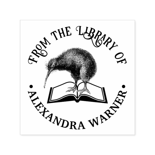 Tampon Auto-encreur Kiwi Bird on a Book Round Library Nom du livre (Design)