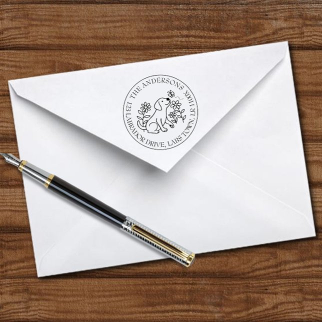 Tampon Auto-encreur Labrador, Chiot, Fleurs, Cercle, Adresse de retour (Labrador Puppy Flowers Cercle Return Address Self-inking Stamp for Labrador Owners.  Cute Cartoon.)