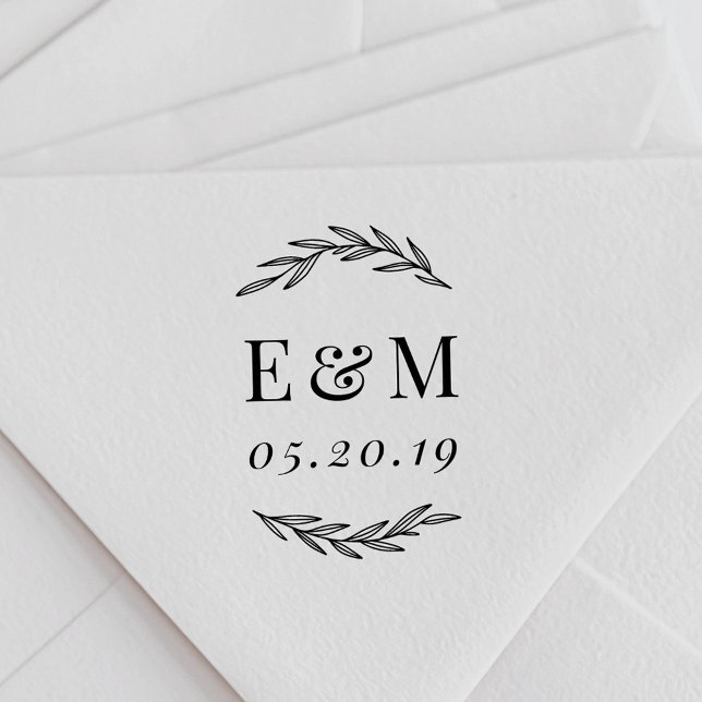 Tampon Auto-encreur Laurel Branch Monogram Mariage Save the Date (Créateur téléchargé)