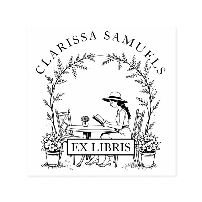 Tampon Auto-encreur Lecture Femme Jardin Fleurs de table Casquette Ex  (Design)