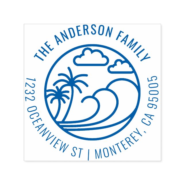 Tampon Auto-encreur Ligne Dessin Tropical Wave Family Adresse de retou (Design)