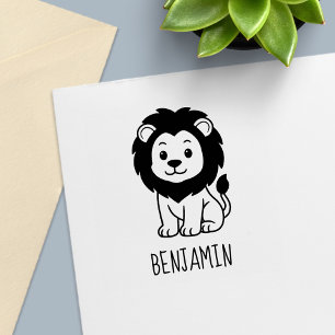 Tampon Auto-encreur Lion de dessin animé mignon avec nom personnalisé
