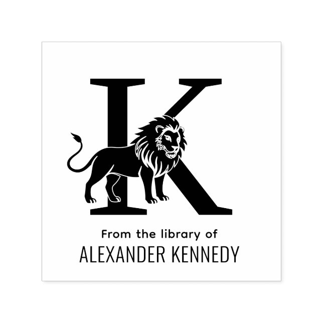 Tampon Auto-encreur Lion Debout Silhouette Sur Un Livre À Nom Initial  (Design)