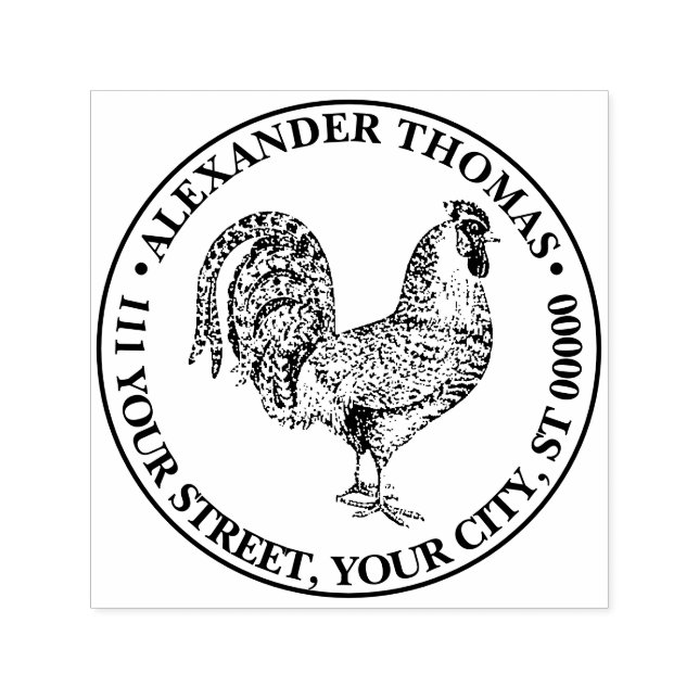 Tampon Auto-encreur Lithographie de dessin de coq #1 Nom Adresse de re (Design)