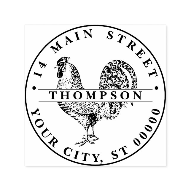 Tampon Auto-encreur Lithographie de dessin de coq #2 Nom Adresse de re (Design)