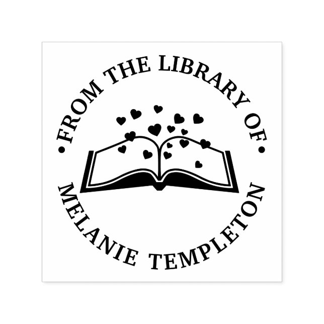 Tampon Auto-encreur Livre avec Coeurs #1A "De la bibliothèque de" Roun (Design)