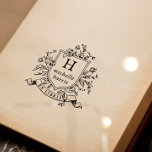 Tampon Auto-encreur Livre de nom personnalisé Ex Libris Blason Monogra<br><div class="desc">Conception de tampon auto-encreur avec un blason de style vintage comportant votre monogramme personnalisé et votre nom dans une typographie serif classique. Le cadre orné est entouré d'un arrangement floral de roses et de feuilles botaniques. Sous le blason, il y a un ruban ou une banderole avec "Ex Libris" incurvé...</div>
