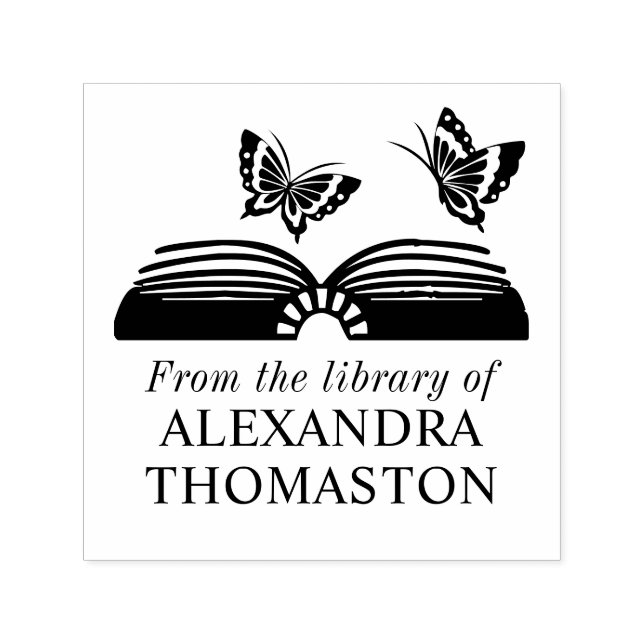 Tampon Auto-encreur Livre ouvert avec deux papillons Nom du livre de b (Design)