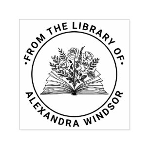 Tampon Auto-encreur Livre ouvert avec Rose Bouquet Nom Bibliothèque Li