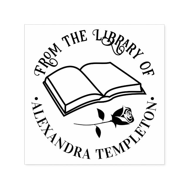 Tampon Auto-encreur Livre ouvert avec rose « De la bibliothèque de » N (Design)