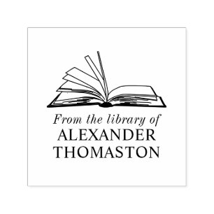 Tampon Auto-encreur Livre Ouvert Élégant “De la bibliothèque de” Nom