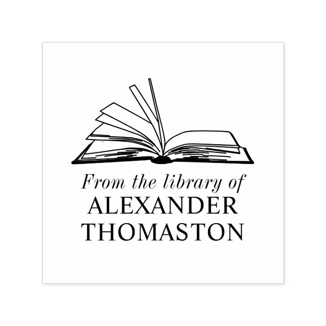 Tampon Auto-encreur Livre Ouvert Élégant “De la bibliothèque de” Nom (Design)