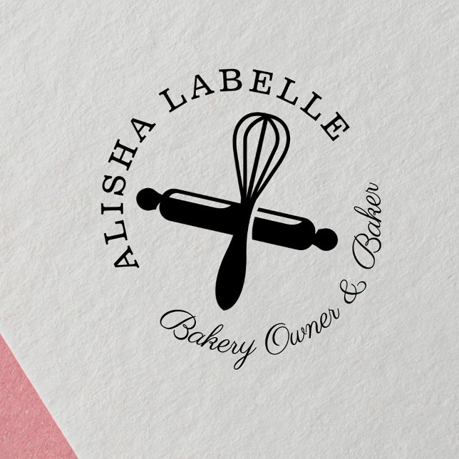 Tampon Auto-encreur Logo de la boulangerie en bois minimum (Minimal Wooden Rolling Pin & Whisk Bakery Logo Self-inking Stamp)