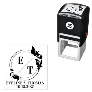 Tampon Auto-encreur Logo de monogramme de mariage de couronne tropical